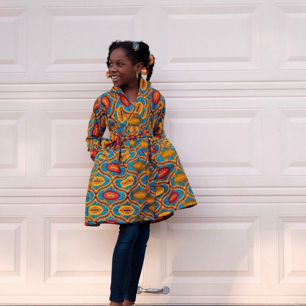 Girls African Ankara long sleeve wrapping dress - Picture 3 of 6
